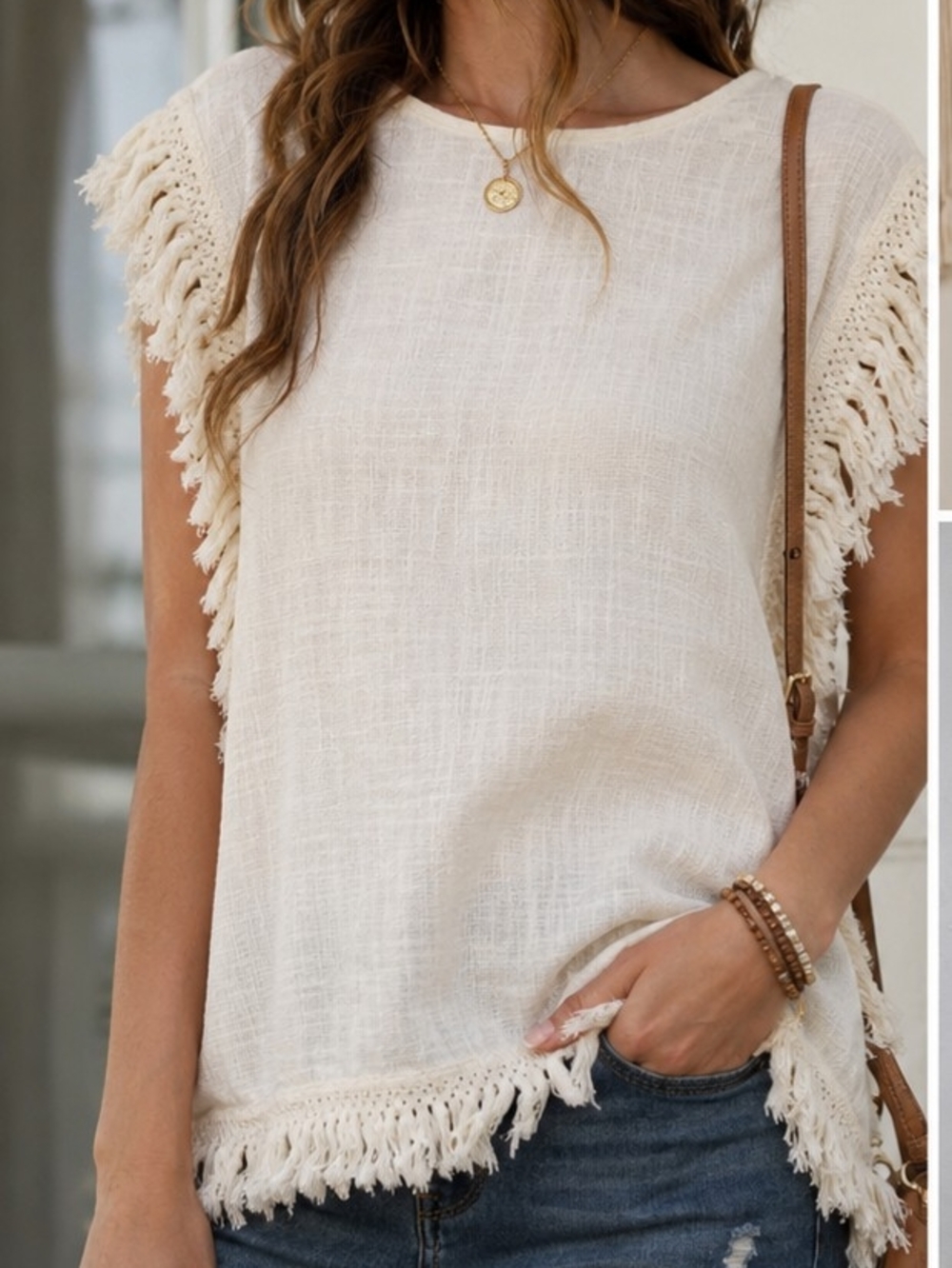Ivy Jane Fringe Boho Top Sz L Cream Cotton Blend Crochet Trim Festival Peasant